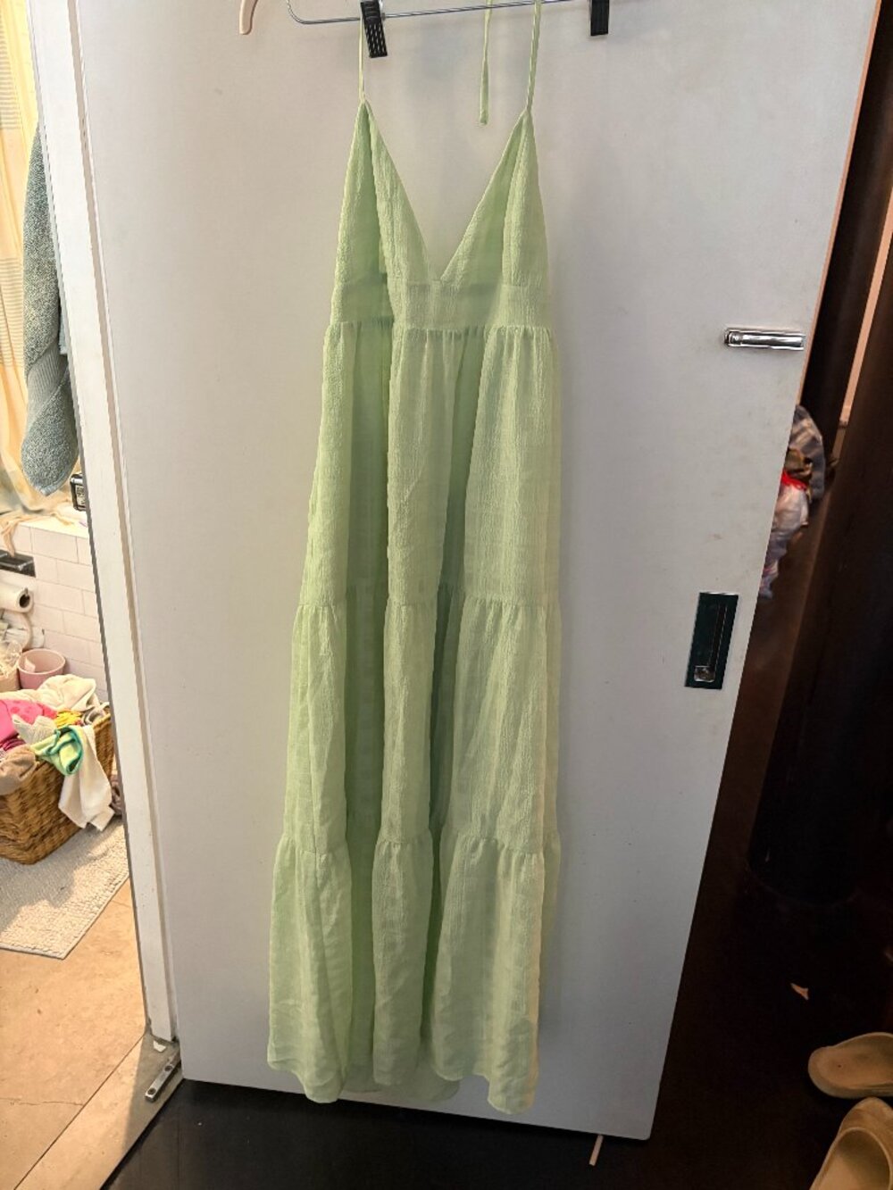 Slate & Willow Sage Green Tiered Halter Maxi Dress